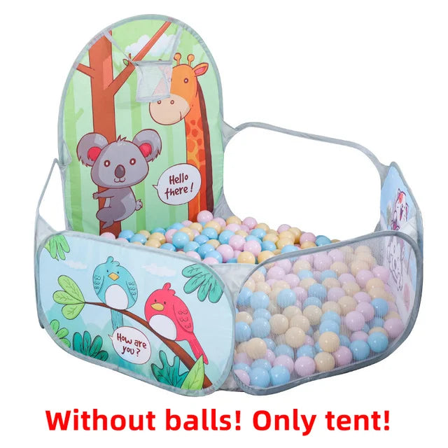 Foldable children's ball pit tent with integrated basketball hoop, great for indoor outdoor activity.