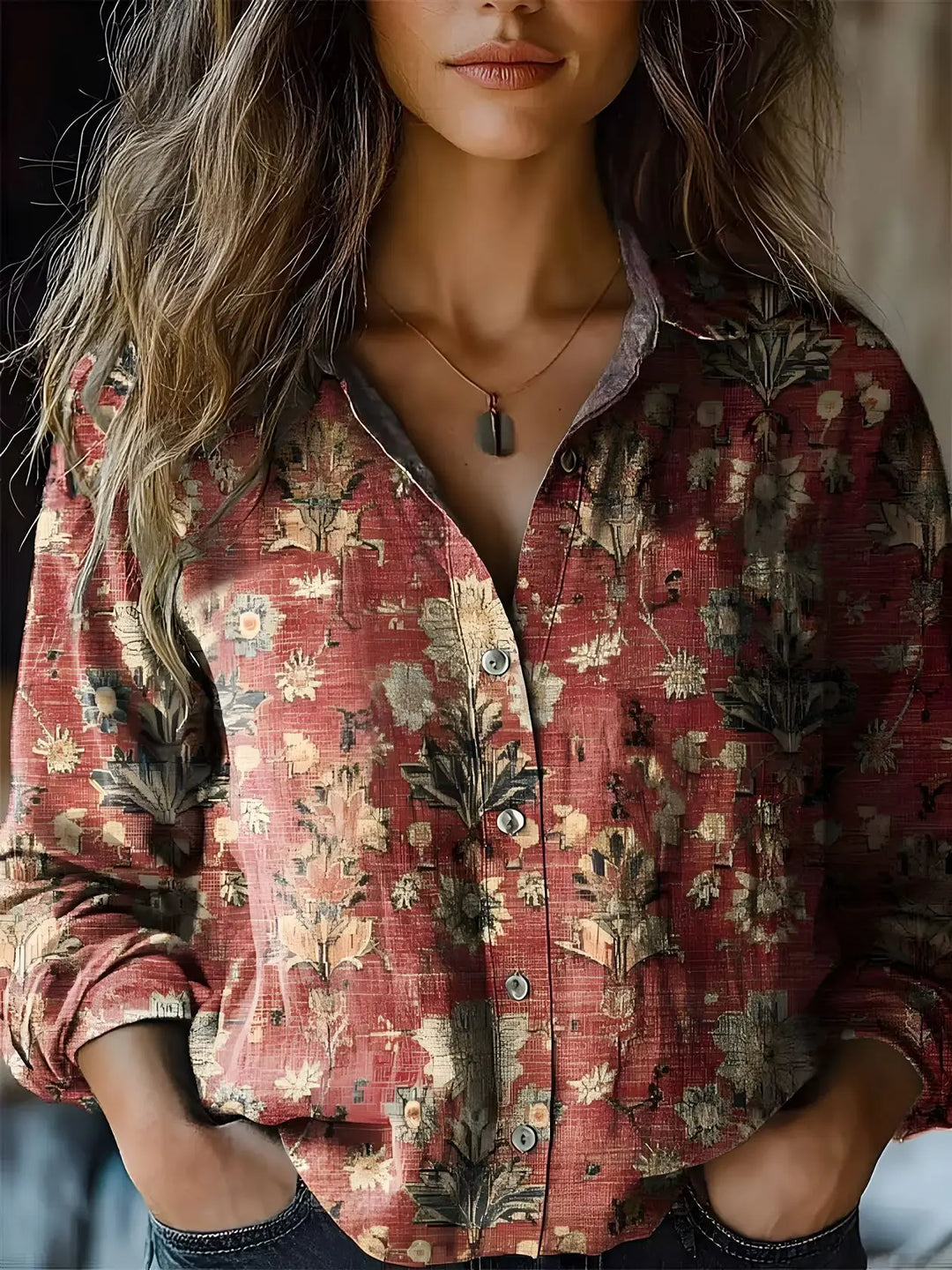 Vibrant boho floral print women's long sleeve button-up blouse, perfect for everyday fashion.