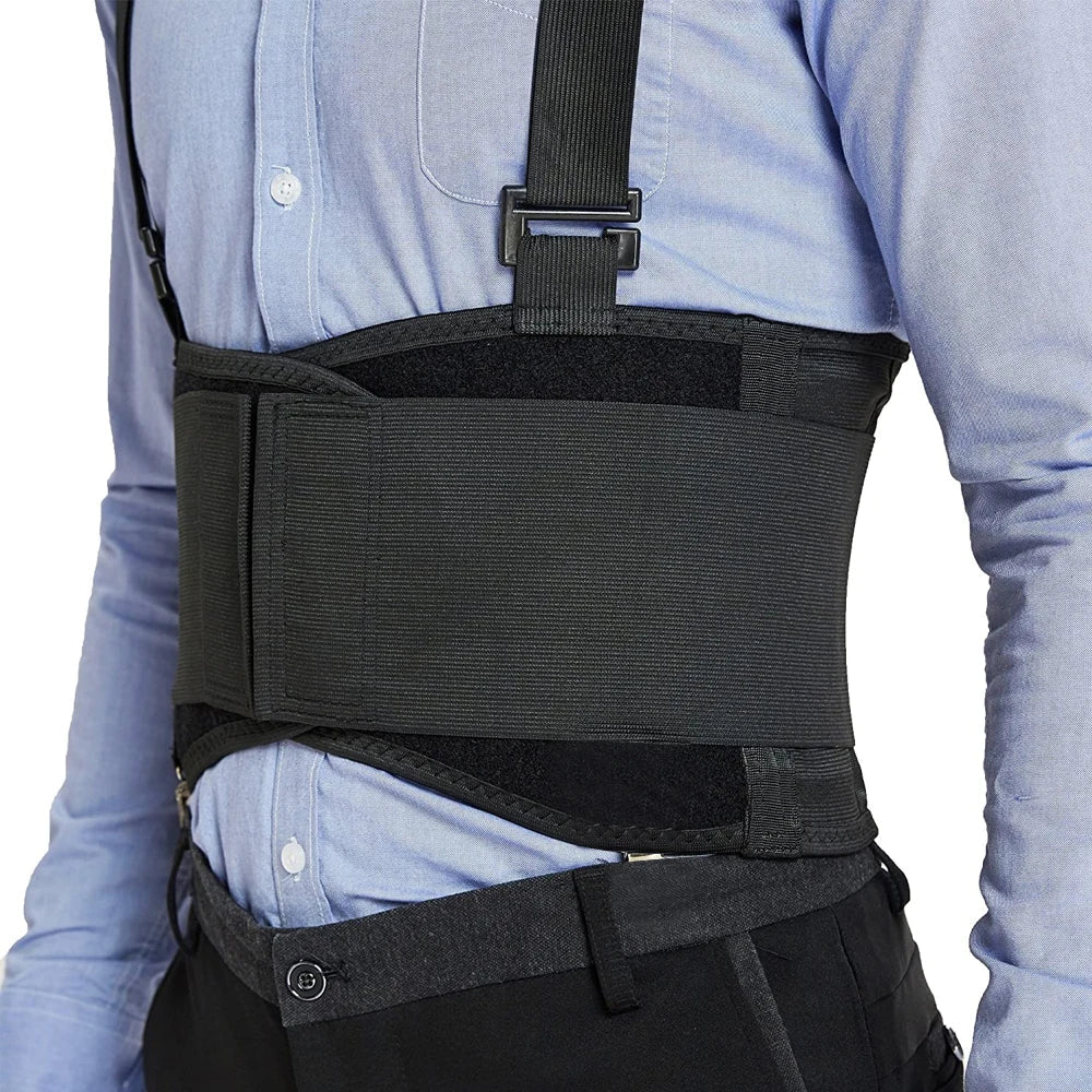 Unisex heavy lifting support belt with adjustable shoulder straps, providing lumbar and back support for gym or work.