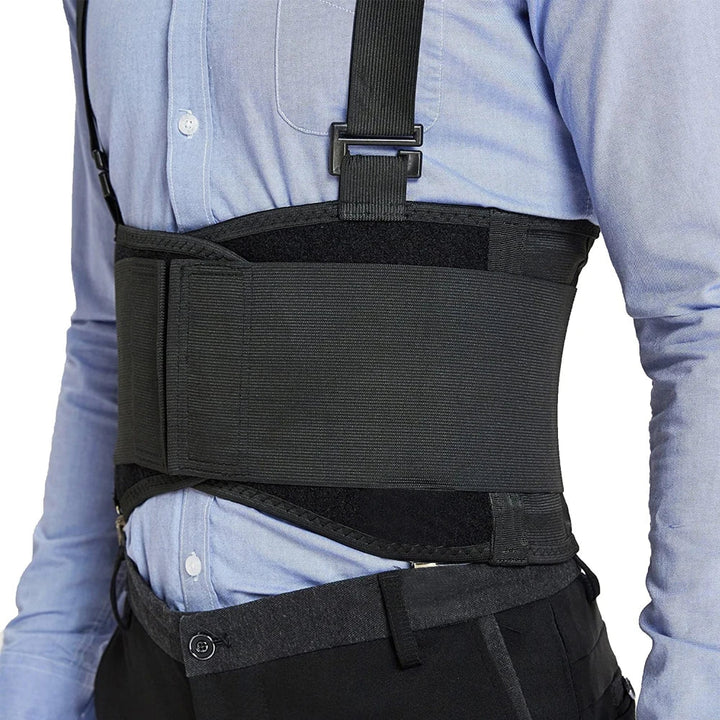 Unisex heavy lifting support belt with adjustable shoulder straps, providing lumbar and back support for gym or work.