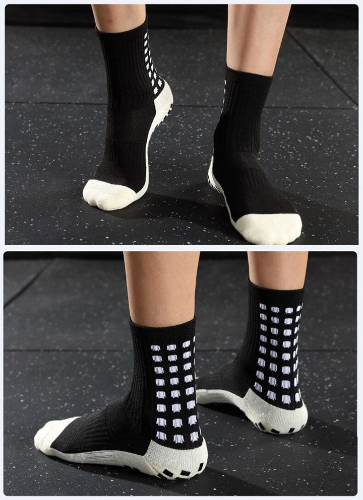 Breathable unisex grip socks for mid-calf coverage. Anti-slip design boosts performance in football & basketball.