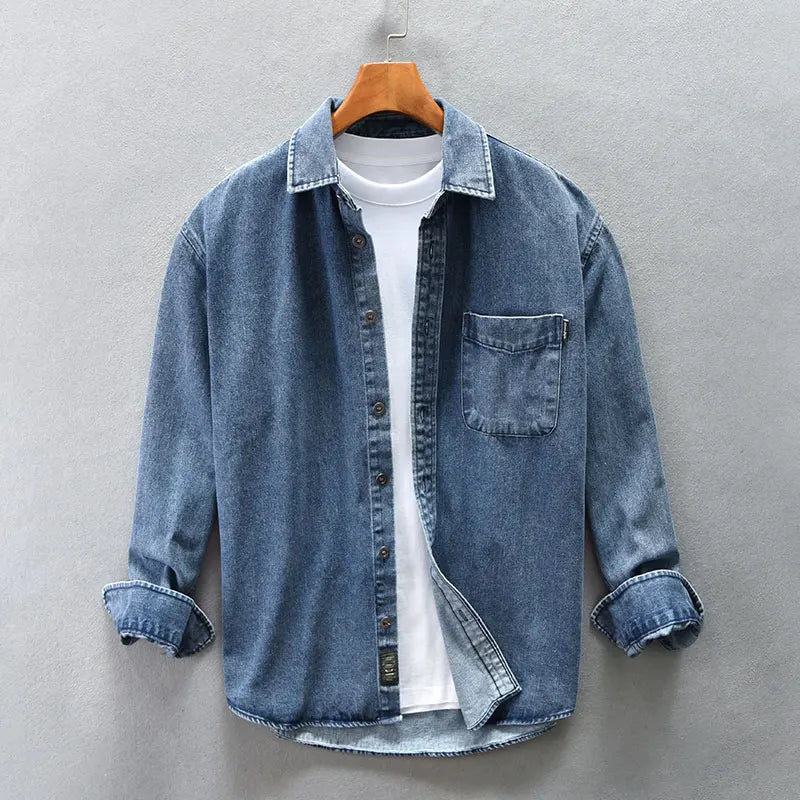 Rugged men's button-up shirt jacket, versatile for casual layering & outdoor adventures.