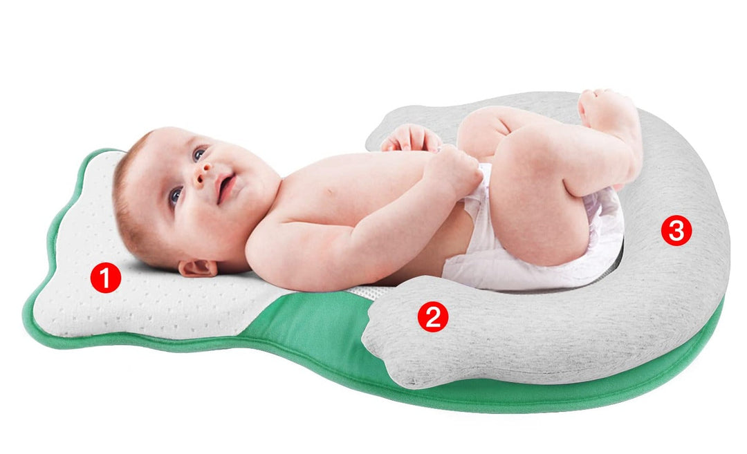 Comfortable newborn baby positioning pillow with adjustable leg support, ensuring proper infant posture.