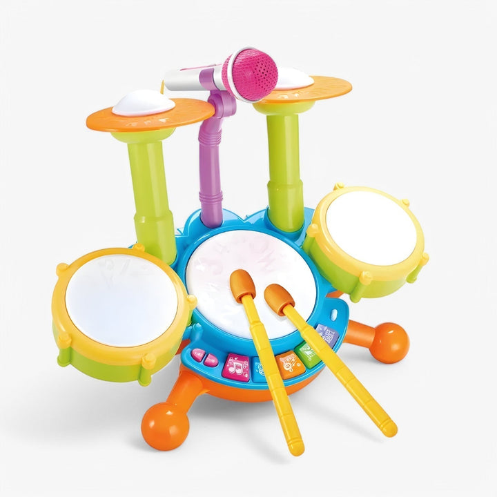 Interactive musical drum kit toy for kids, featuring a microphone for engaging, fun, and educational play.