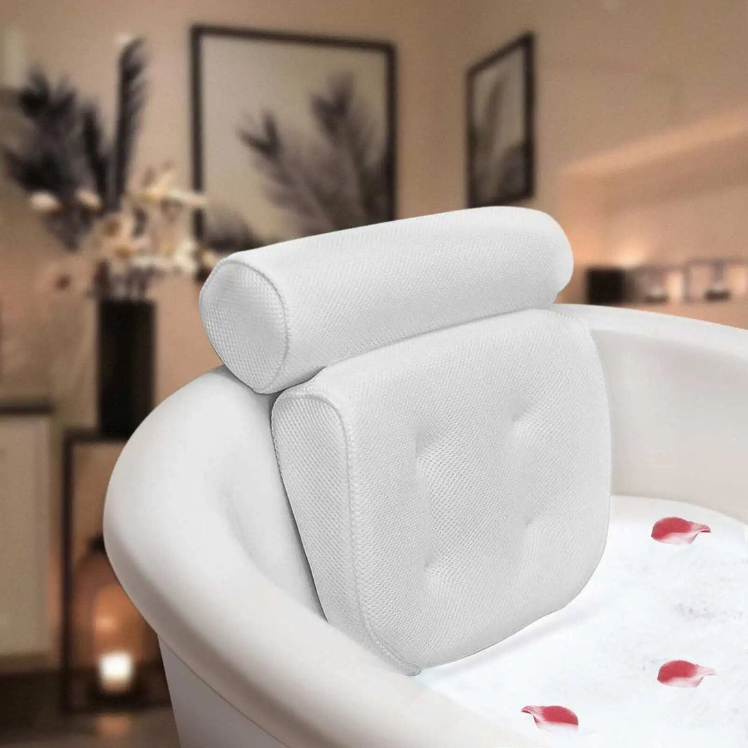 Ultimate comfort bath pillow for neck & back support. Enjoy a stress-free, relaxing spa experience in your tub.