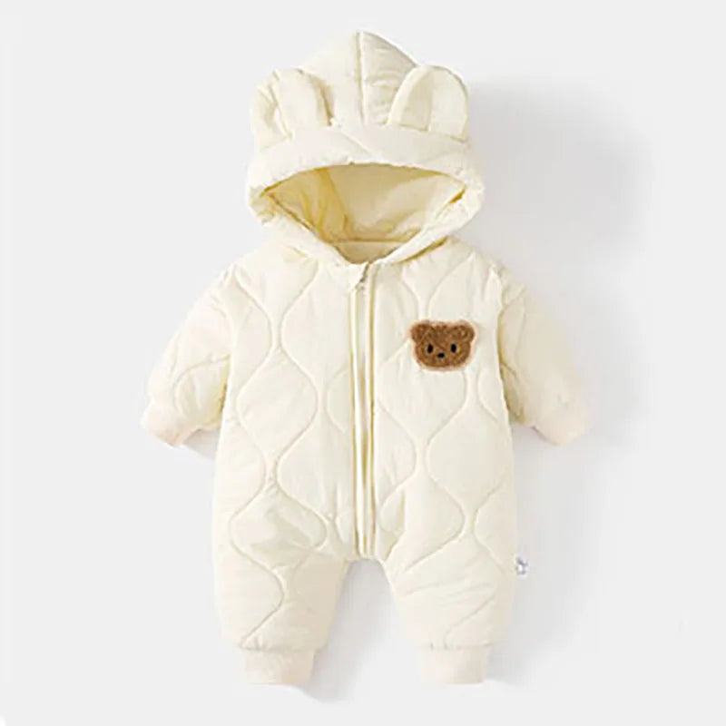 Baby hooded bear snowsuit. Cozy & warm winter overall. Infant jumpsuit for outdoor play and winterwear.