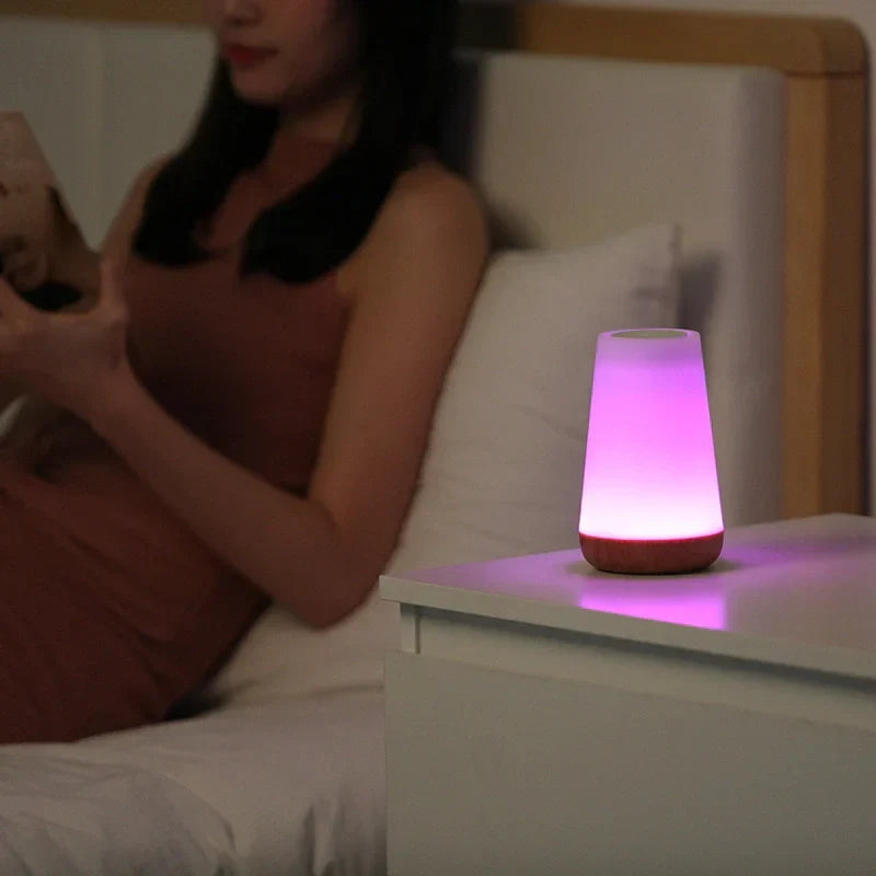 Rechargeable multicolor LED night light, dimmable via touch or remote. Great for portable ambient lighting.