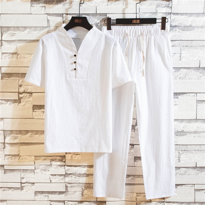 Close-up: Men's breathable fabric summer shirt & shorts set, ideal for hot weather comfort & resort fashion.