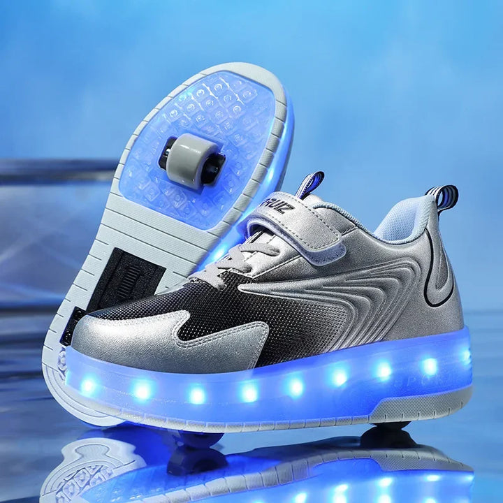 Rechargeable light-up roller skates for kids; innovative design with wheels that can be removed for comfort.