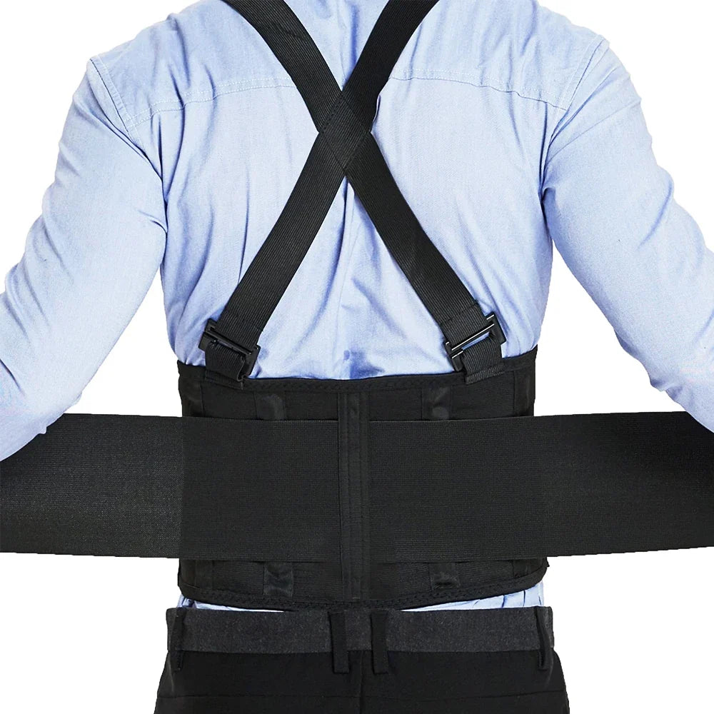 Ergonomic heavy lifting belt for back support, featuring comfortable shoulder straps to aid proper posture & injury prevention.