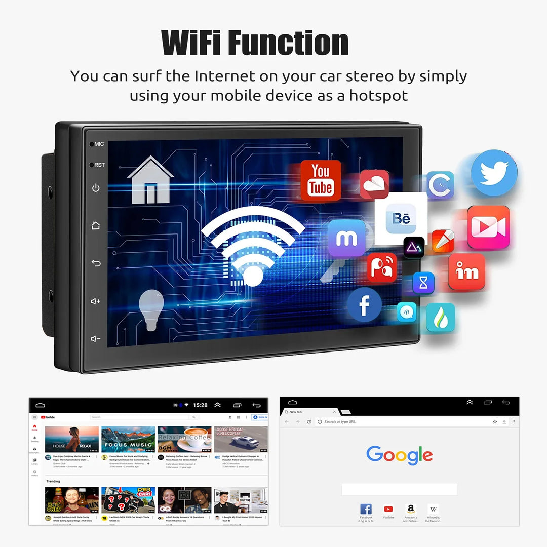 Universal fit Android car stereo featuring touchscreen display, GPS navigation, and wireless multimedia.