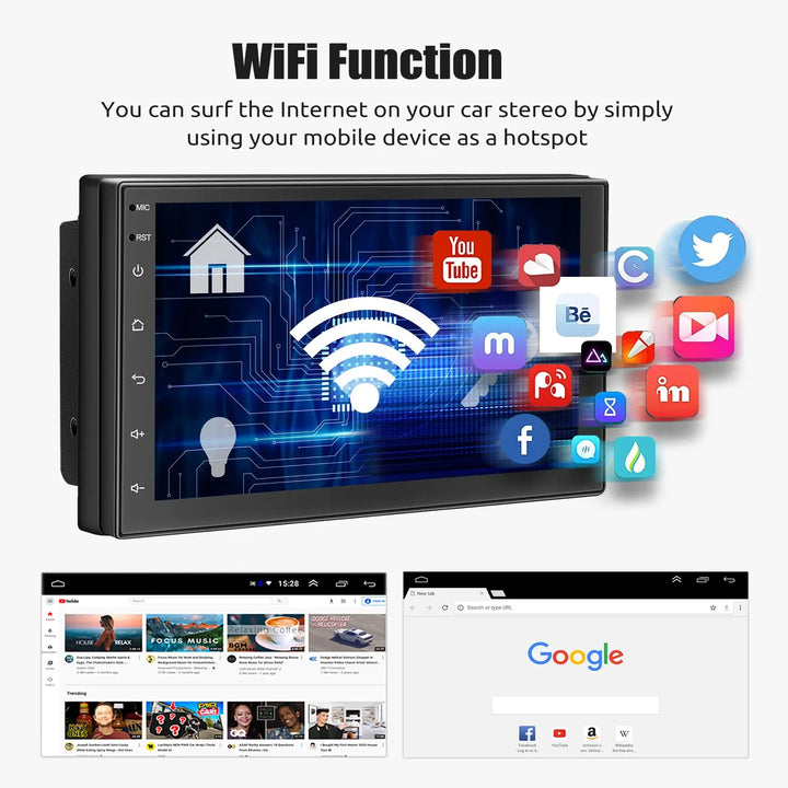 Universal fit Android car stereo featuring touchscreen display, GPS navigation, and wireless multimedia.