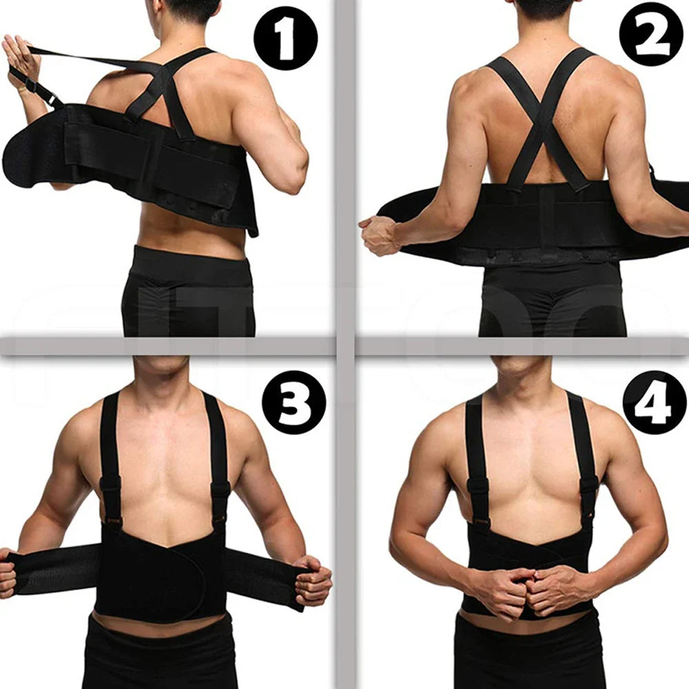 Professional back support belt for heavy lifting, including adjustable shoulder straps for enhanced stability & core support.