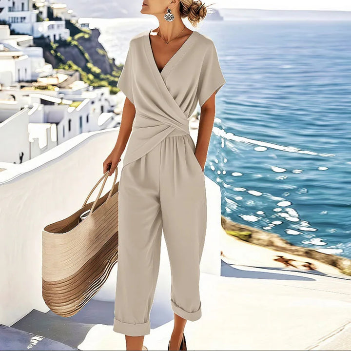 Women's elegant V-neck top & wide leg pants 2-piece set. Perfect for versatile casual or business casual wear.
