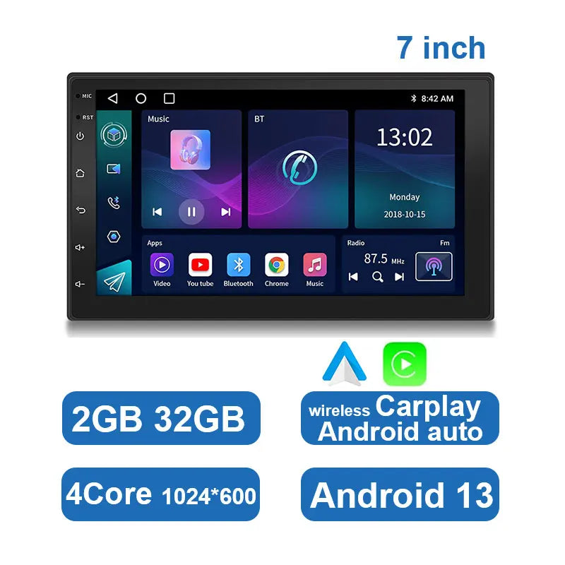 Sleek universal Android car stereo with touchscreen, GPS, wireless CarPlay & Android Auto for modern vehicles.