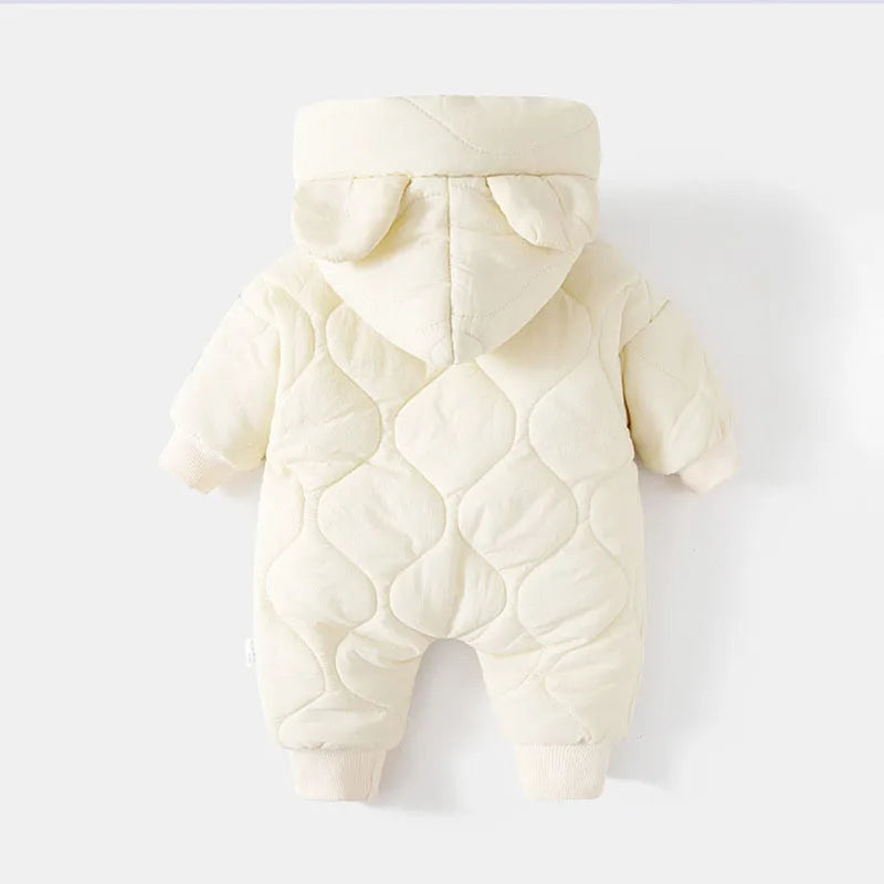 Toddler's cozy hooded bear snowsuit. Warm winter overall, infant jumpsuit for comfortable outdoor play.