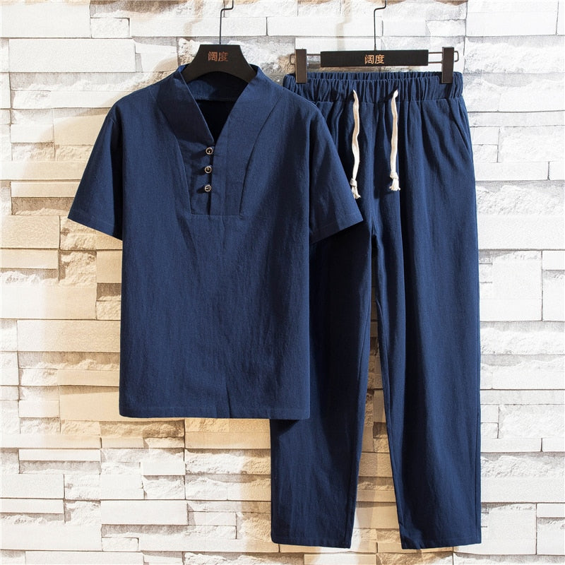 Men's two-piece summer outfit: a comfortable & casual shirt and shorts set for everyday wear & vacations.