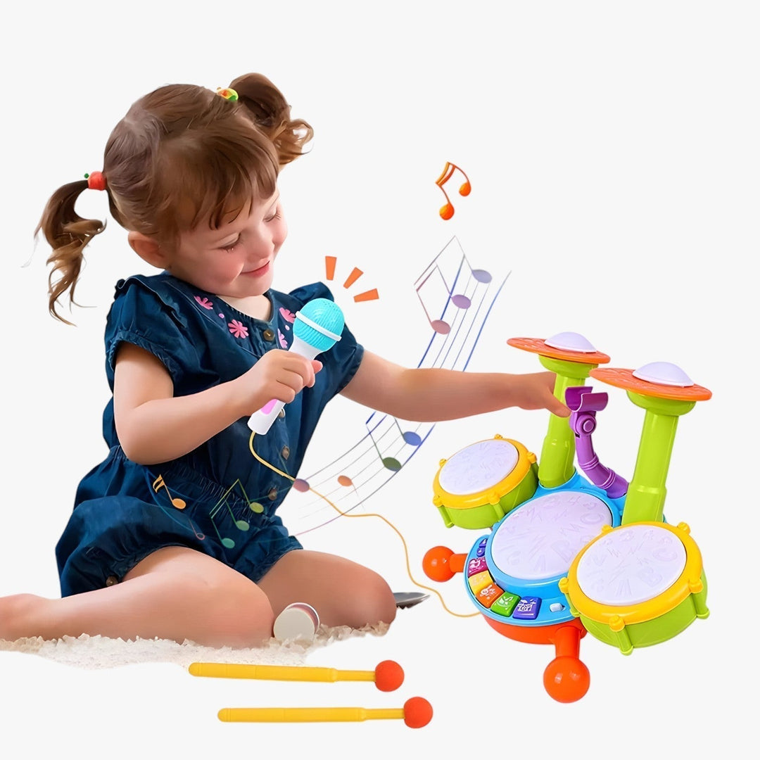 Toddler educational play drum set with microphone, fostering early learning, rhythm, and developmental skills.