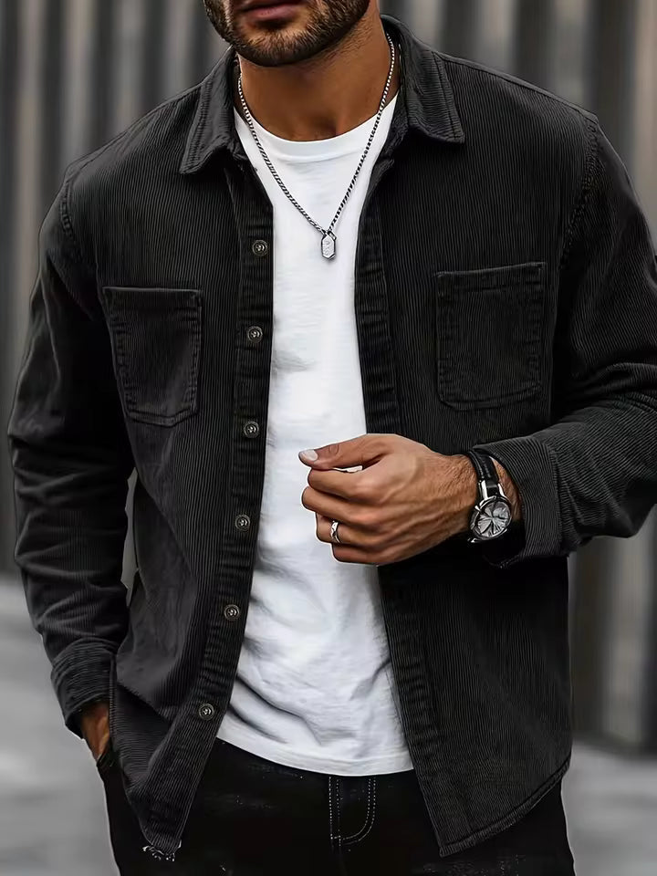 Mens casual button-down shacket jacket. Long sleeve for layering. Stylish versatile outerwear.
