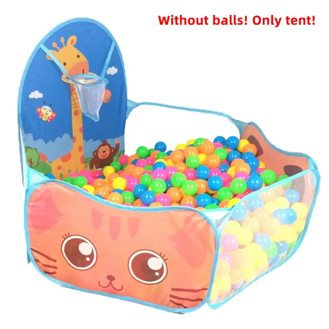 Bright kids' ball pit play tent with hoop, encouraging motor skills & safe indoor outdoor fun for children.