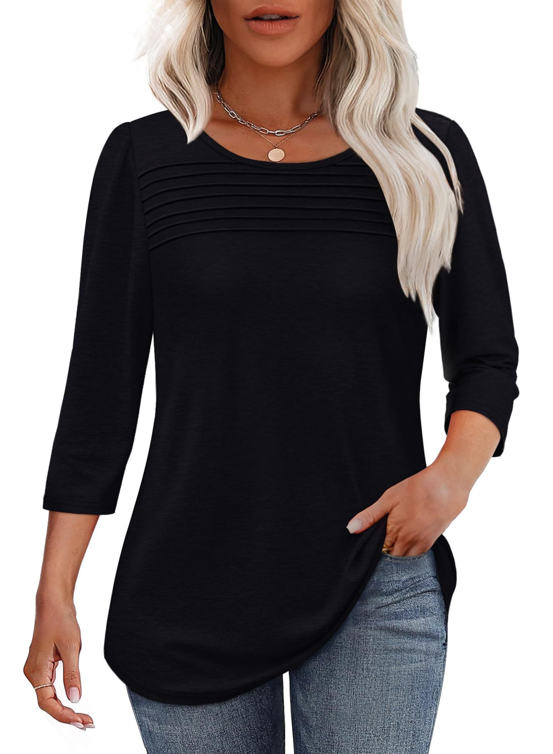 Chic women's 3/4 sleeve pleated scoop neck blouse, great for office or relaxed casual wear.