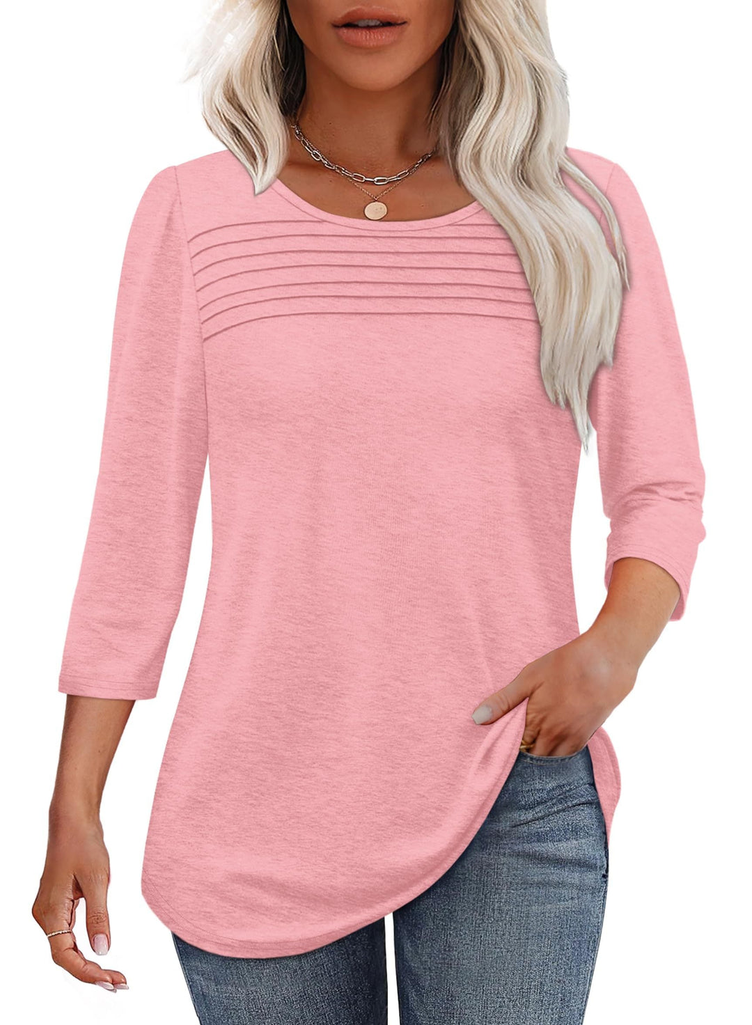 Modern women's 3/4 sleeve pleated top with scoop neck, a comfortable and stylish everyday shirt.