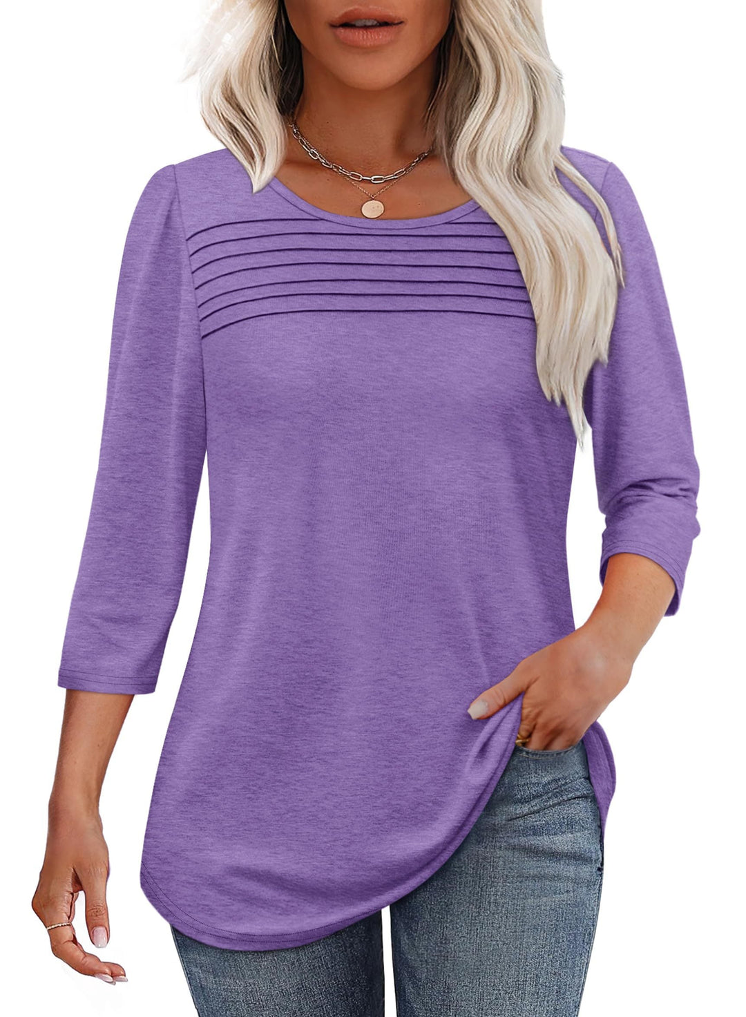 Versatile women's pleated top with 3/4 sleeves & scoop neckline, suitable for various occasions.