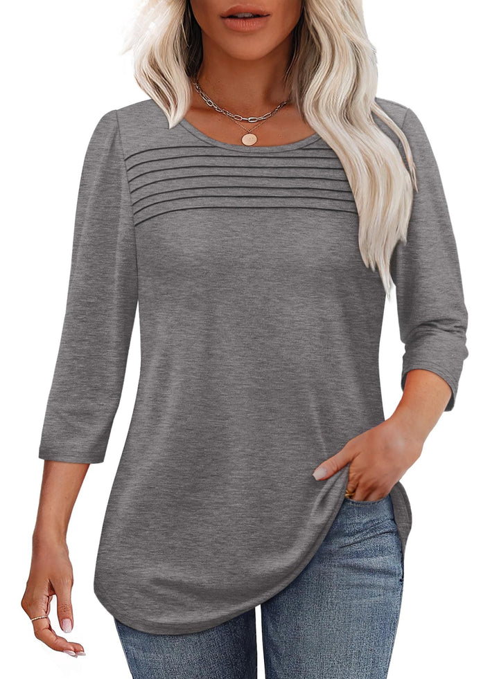 Soft women's 3/4 sleeve top, pleated design with scoop neck, a comfortable choice for spring fashion.