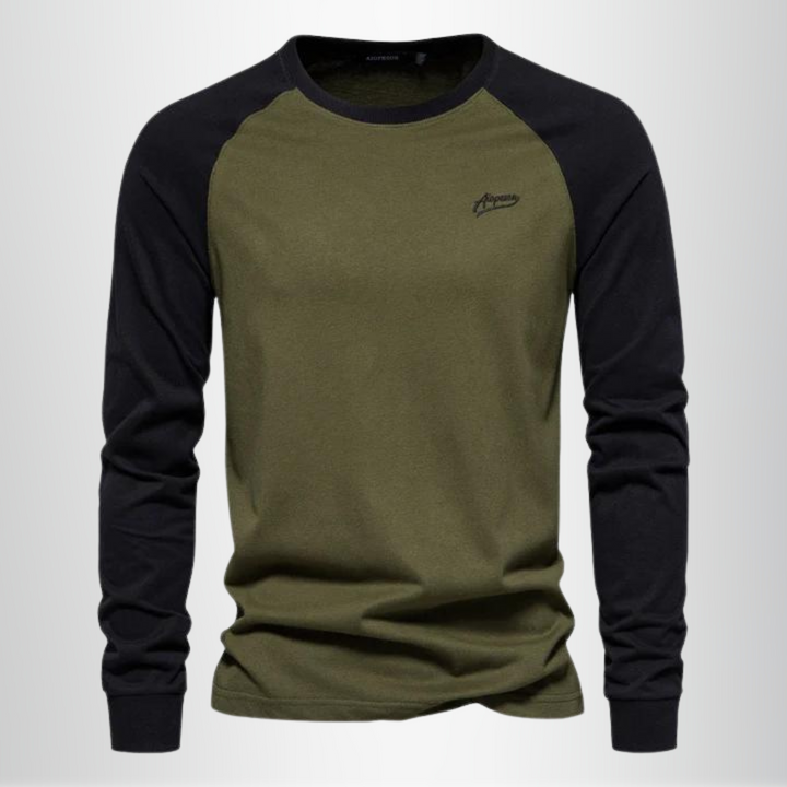 Durable men's athletic raglan long sleeve shirt, great for workouts, activewear, and casual fashion.