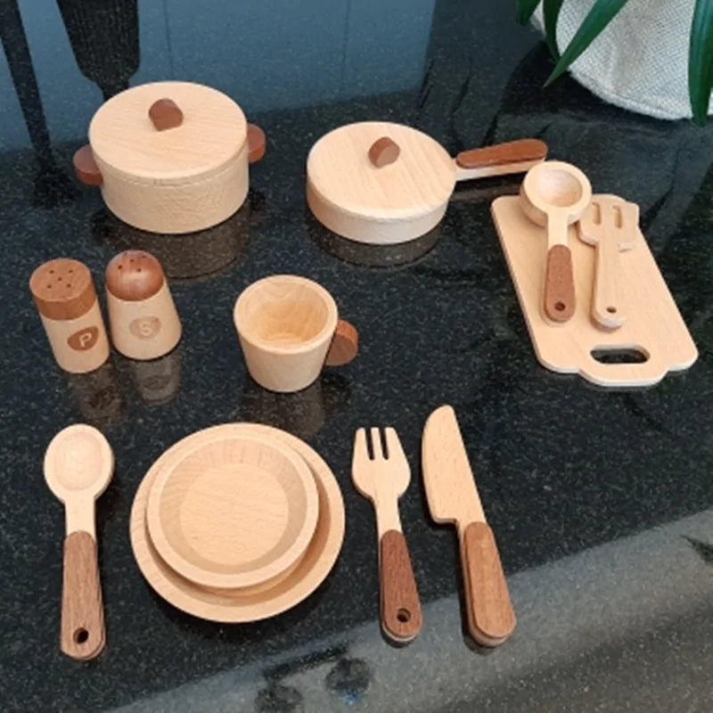 Beautiful natural wood play kitchen set featuring a distinctive tree-trunk aesthetic for modern kids' decor.