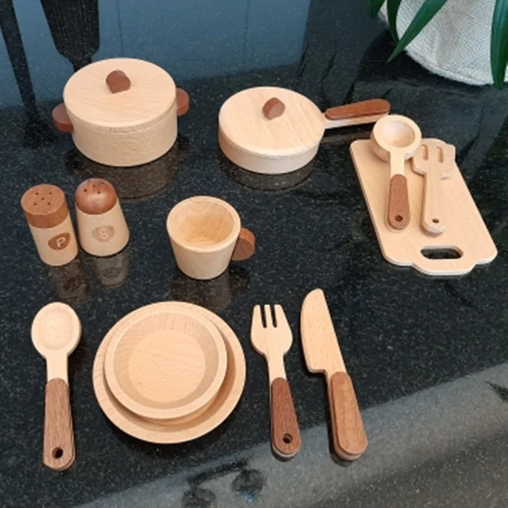 Beautiful natural wood play kitchen set featuring a distinctive tree-trunk aesthetic for modern kids' decor.