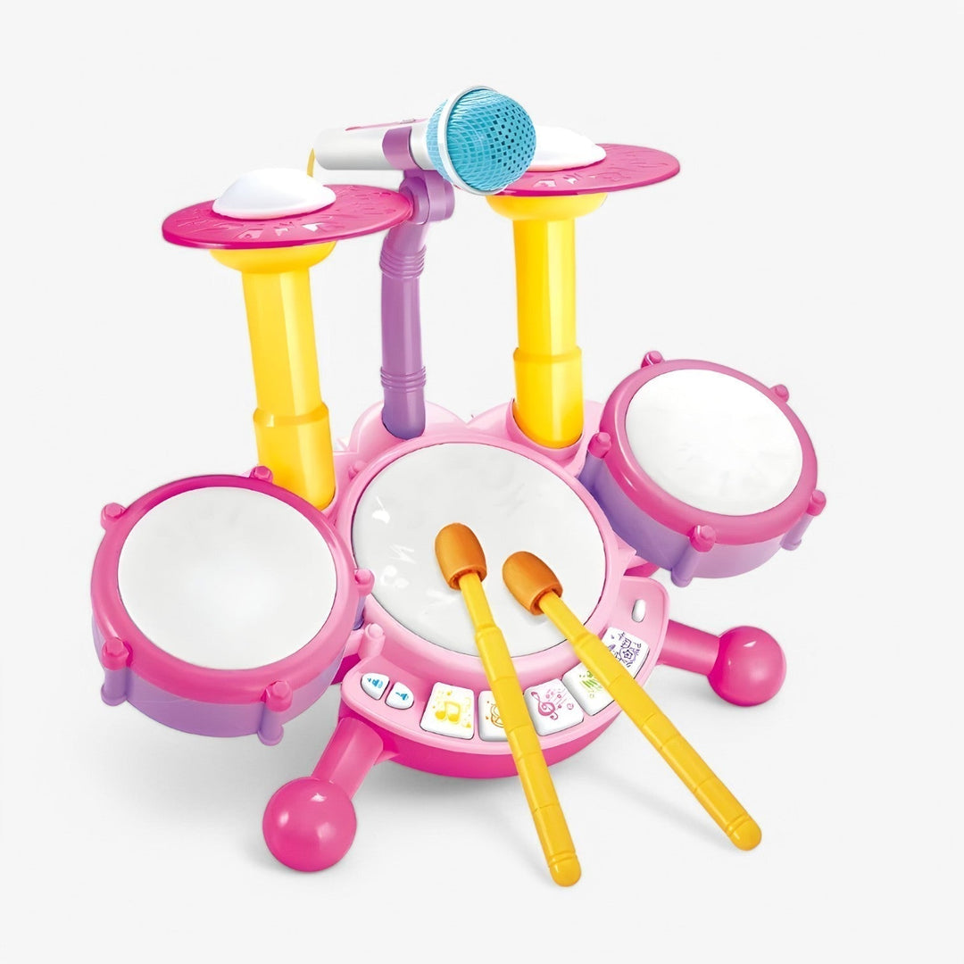 Kids' interactive learning drum kit with a microphone for toddlers, promoting musical and rhythmic development.