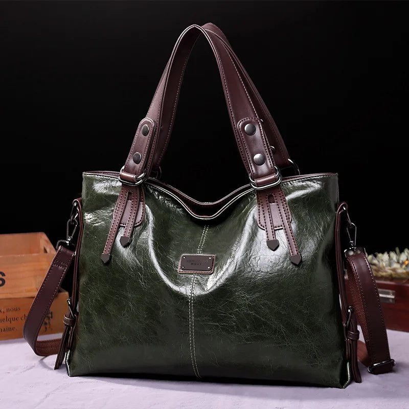 Woman wearing an elegant genuine leather shoulder bag, styled as a cross-body bag for everyday fashion. Stylish accessory.