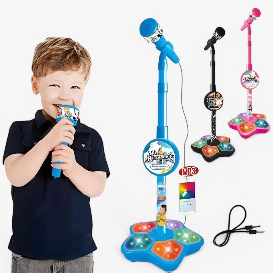 Children's musical toy microphone & stand, perfect for singing practice & budding stars.