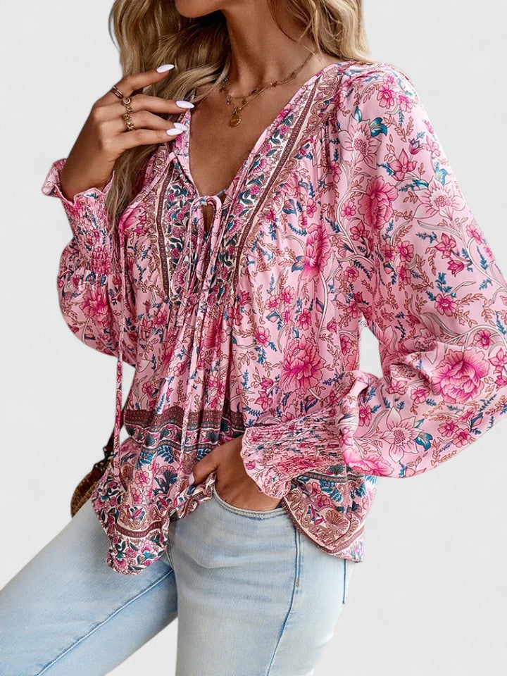 Comfortable women's flowy long sleeve boho top, V-neck lace-up design. Perfect for everyday casual wear.