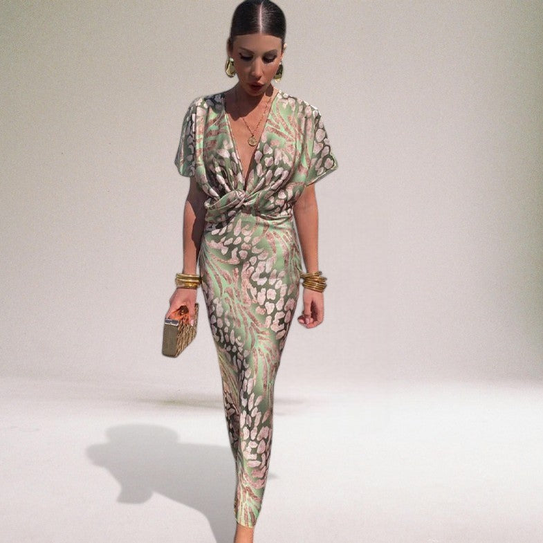 Elegant women's wrap maxi dress, V-neck, flowy, perfect for wedding guest or special occasion. Formal, long party dress.