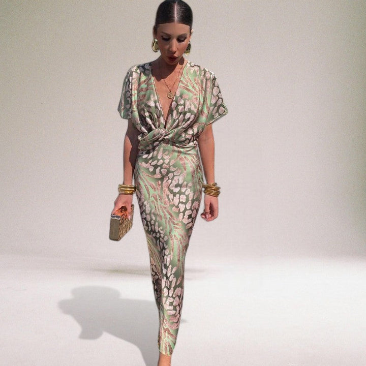 Elegant women's wrap maxi dress, V-neck, flowy, perfect for wedding guest or special occasion. Formal, long party dress.