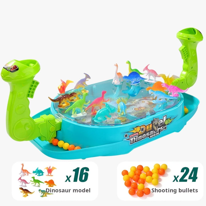 The DinoShot Kids' Catapult Game box open, showing dinosaur figures & game pieces. Educational toy.