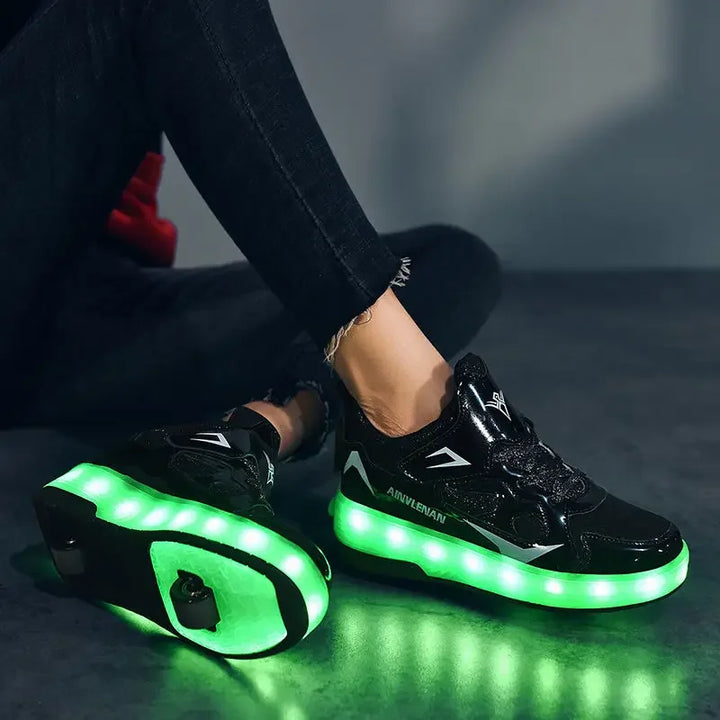 Youth Heelys-style sneakers with removable wheels, converting to light-up shoes for versatile play.