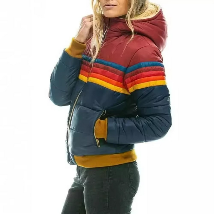 Retro striped women's puffer jacket, padded for warmth, a cozy and stylish winter outerwear choice.