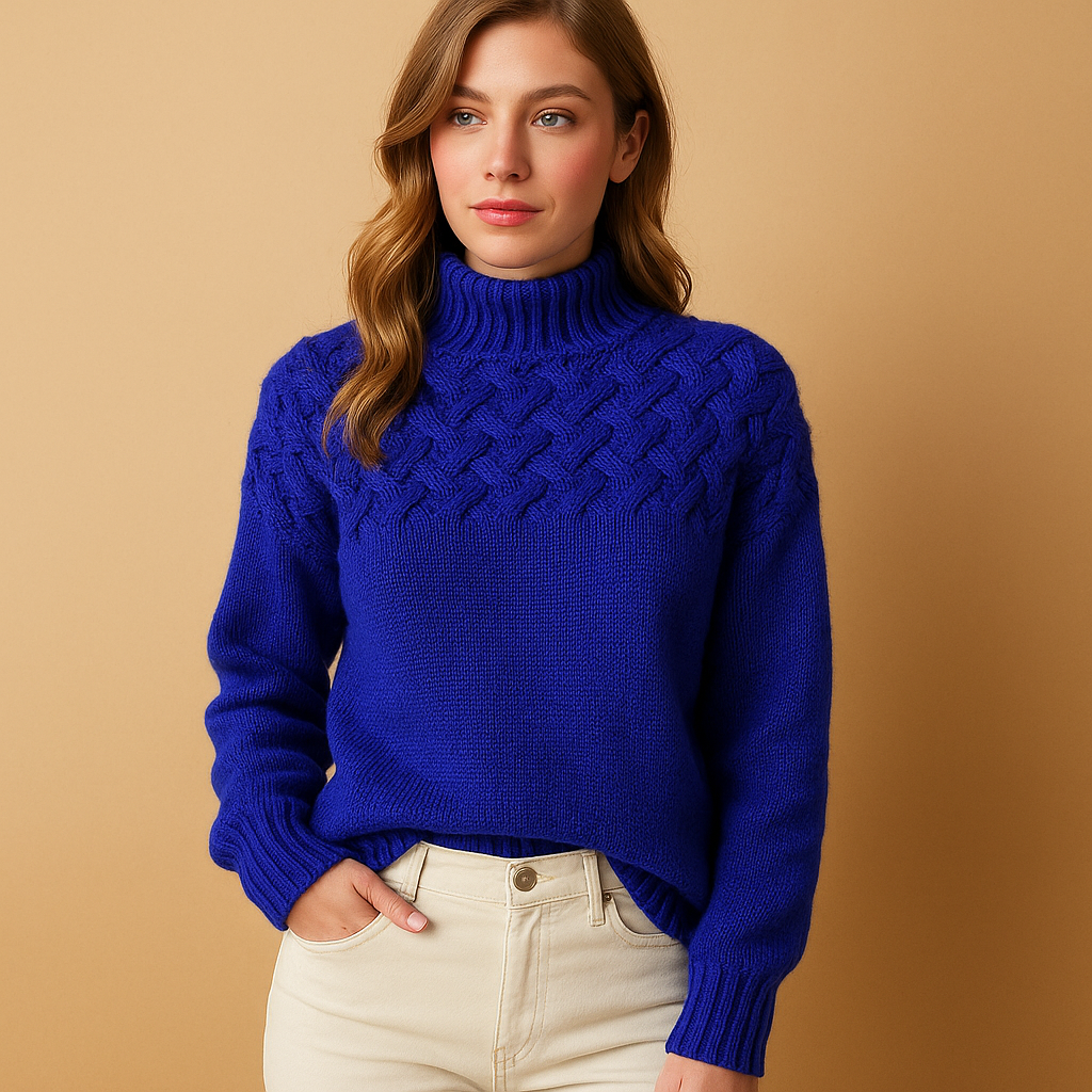 Modern long knit turtleneck sweater for women. Cozy, chic, and comfortable for stylish fall and winter layering.