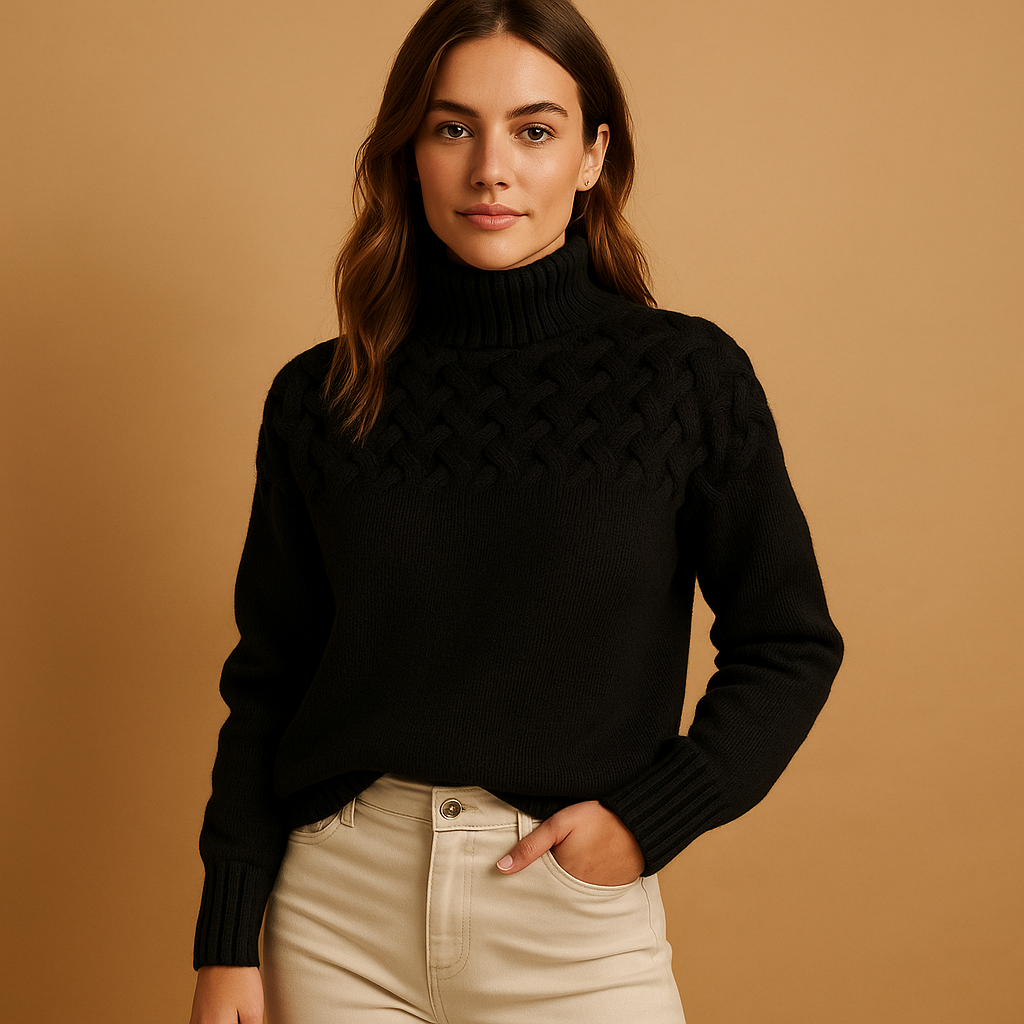 Elegant women's long knit turtleneck sweater. Soft, cozy, and perfect for versatile fall/winter chic style.