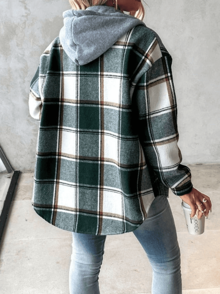 Comfortable women's checkered hoodie jacket, a cozy layering piece for casual fall and winter fashion.