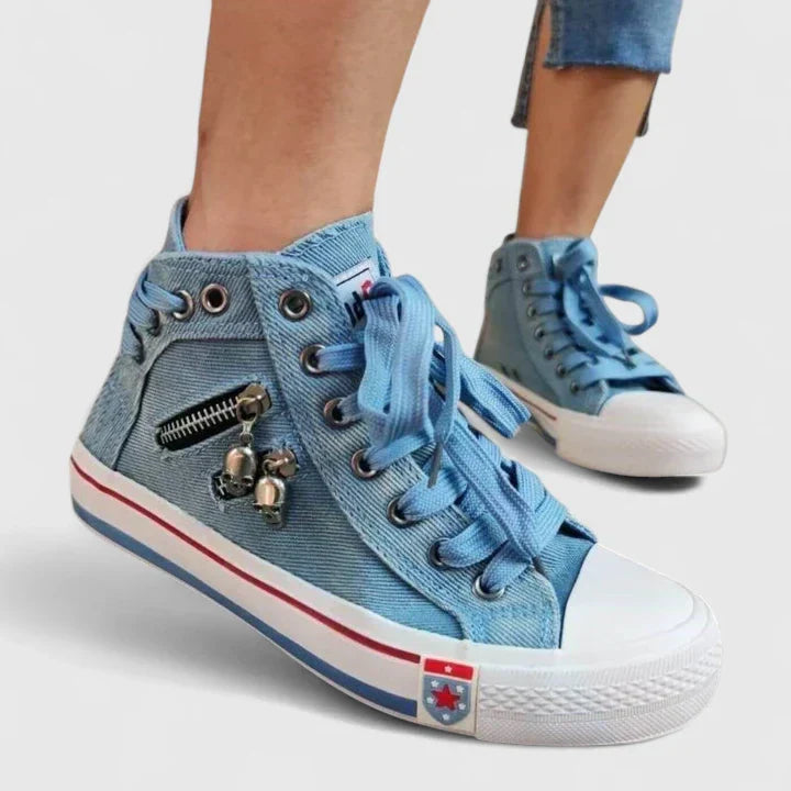 Trendy women's denim sneakers, high-top design, featuring modern zip and stud details, perfect for urban fashion.