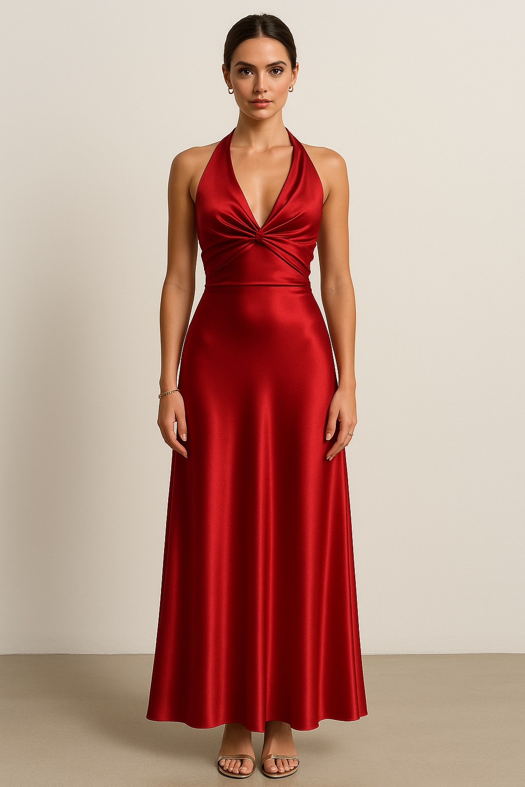 Stylish women's dark pink halter neck formal dress, floor-length for prom & events.