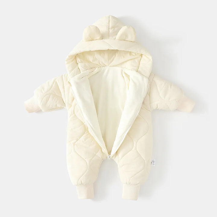 Unisex baby hooded bear snowsuit, a cozy winter overall. Warm infant jumpsuit, ideal baby gift & outerwear.