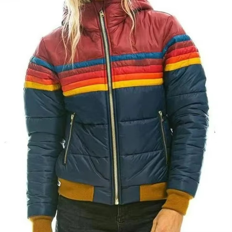 Padded women's puffer jacket featuring retro stripes, warm and fashionable for winter outerwear.