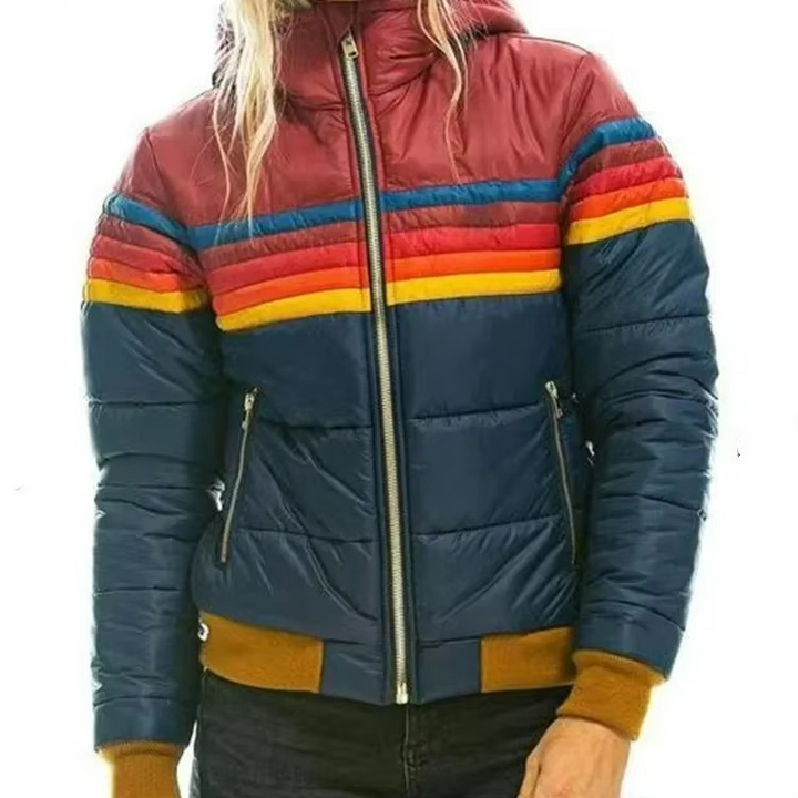 Padded women's puffer jacket featuring retro stripes, warm and fashionable for winter outerwear.
