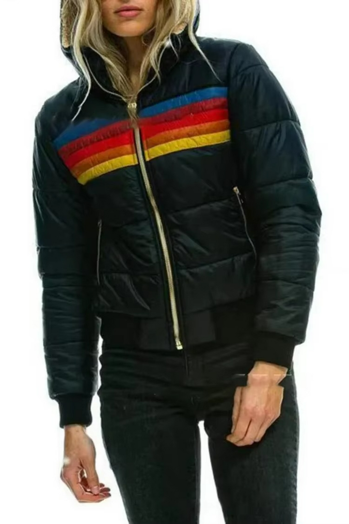 Cozy women's retro striped puffer jacket, ideal padded outerwear for chilly winter days.
