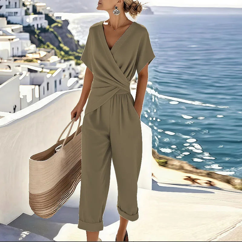 Fashionable women's co-ord set featuring a V-neck top & wide leg pants. An elegant two-piece outfit for women.